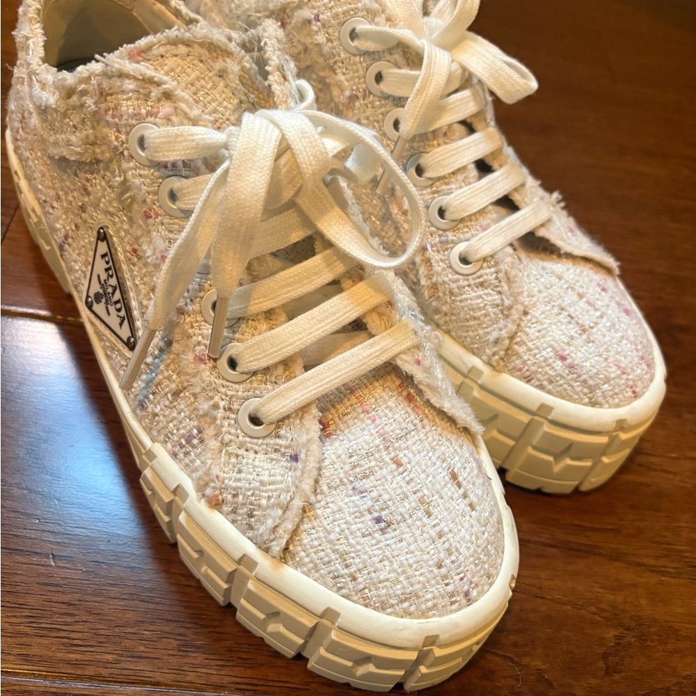 Prada Cream and Pink Tweed Lace-Up Sneakers with Subtle Multicolor Flecks - Picture 2 of 6